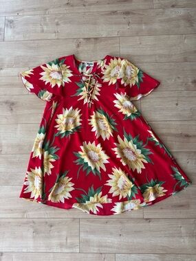 Show Me Your Mumu Kylie Lace Up Dress Sunflower Print Red XS Boho Vacation